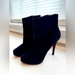 Christian Louboutin Suede Black Peep Toe Ankle Boots, Size 39